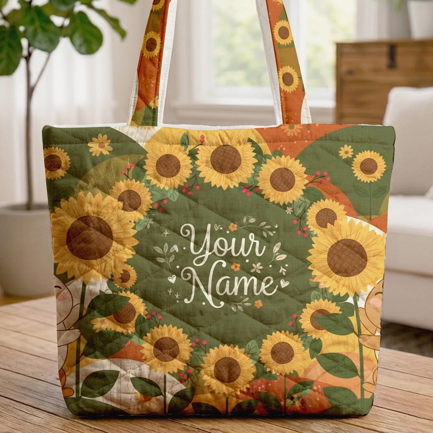 Bunnies Sunflowers Rolling Hills Floral Wreath - Everyday Tote Gift for Kids Quilted Tote Bag - 1
