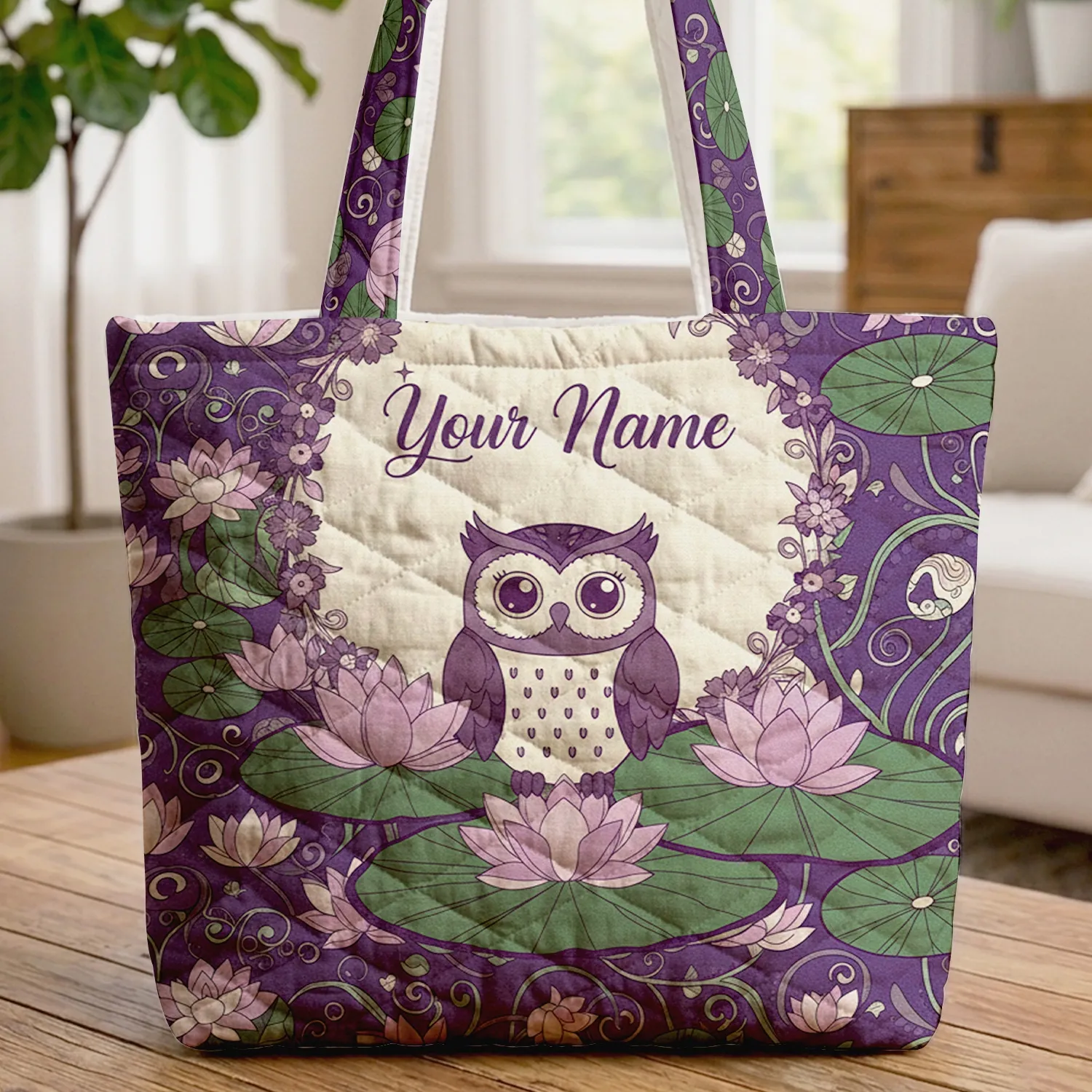 Owl Lotus Lily Pad Personalized Name Floral Wreath - Wildlife Lover Gift Quilted Tote Bag - 1