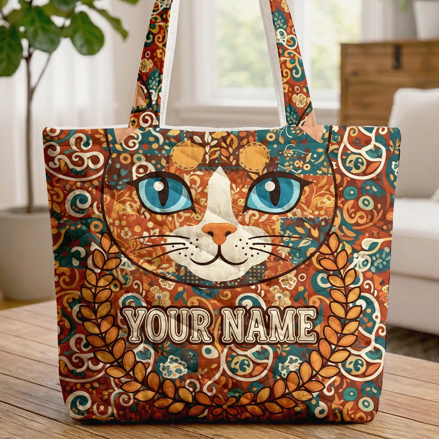 Patchwork Cat Face Boho Floral Vines Personalized - Cat Lover Lifestyle Gift Quilted Tote Bag - 1