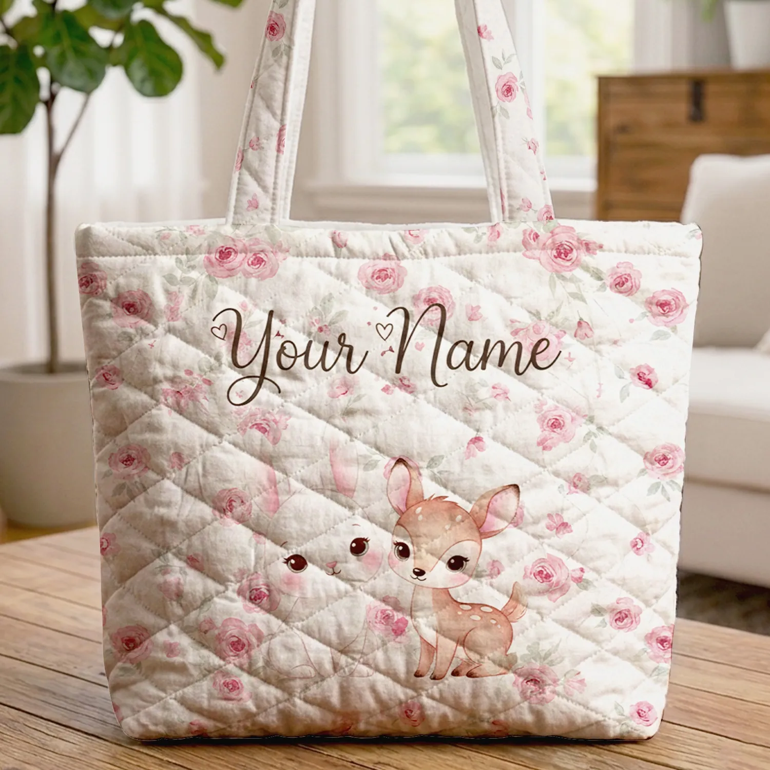 Bunny Fawn Rosebuds Sage Leaves Name Floral Wreath - Everyday Tote Gift for Her Quilted Tote Bag - 1