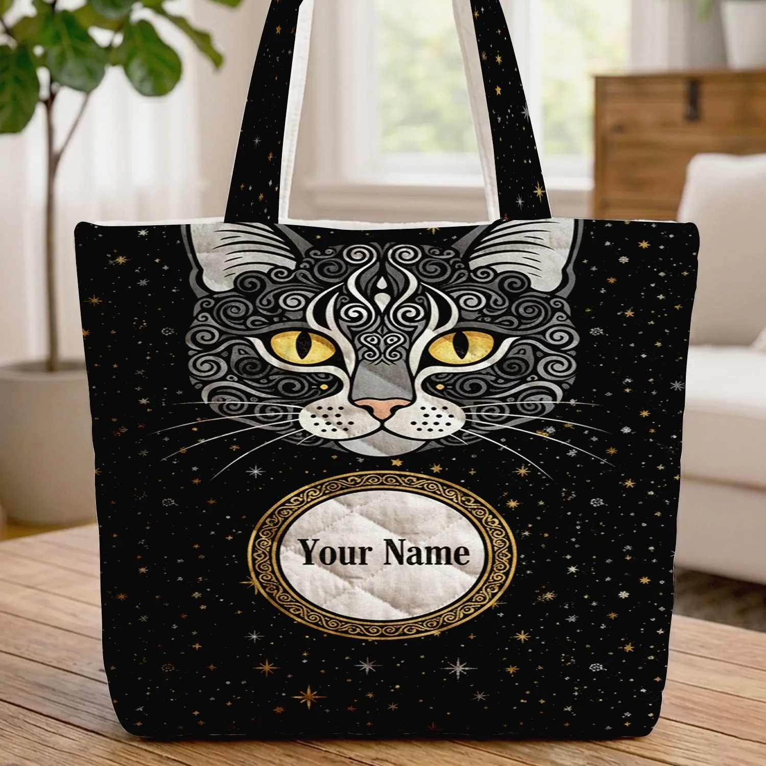 Black Cat Swirling Fur Name Starbursts - Everyday Use for Cat Lovers Quilted Tote Bag - 1