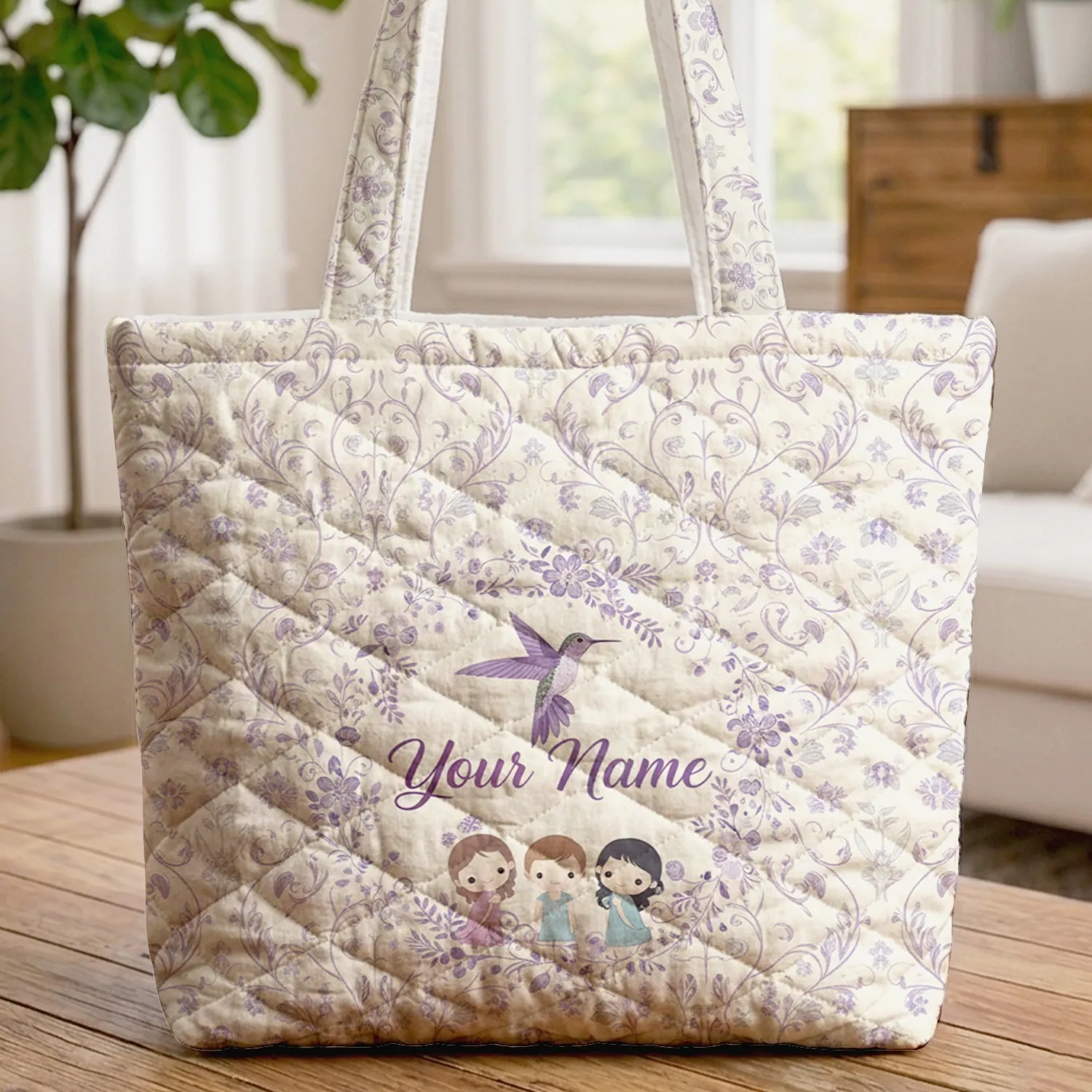 Hummingbird Lavender Swirling Vine Floral Wreath - Nature Lover Everyday Tote Gift Quilted Tote Bag - 1