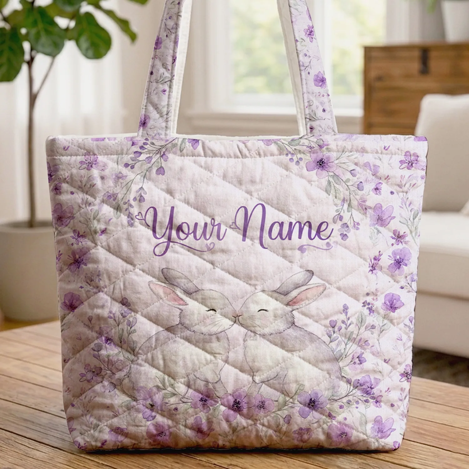 Nuzzling Bunnies Botanical Floral Wreath - Everyday Accessory for Animal Lovers Quilted Tote Bag - 1