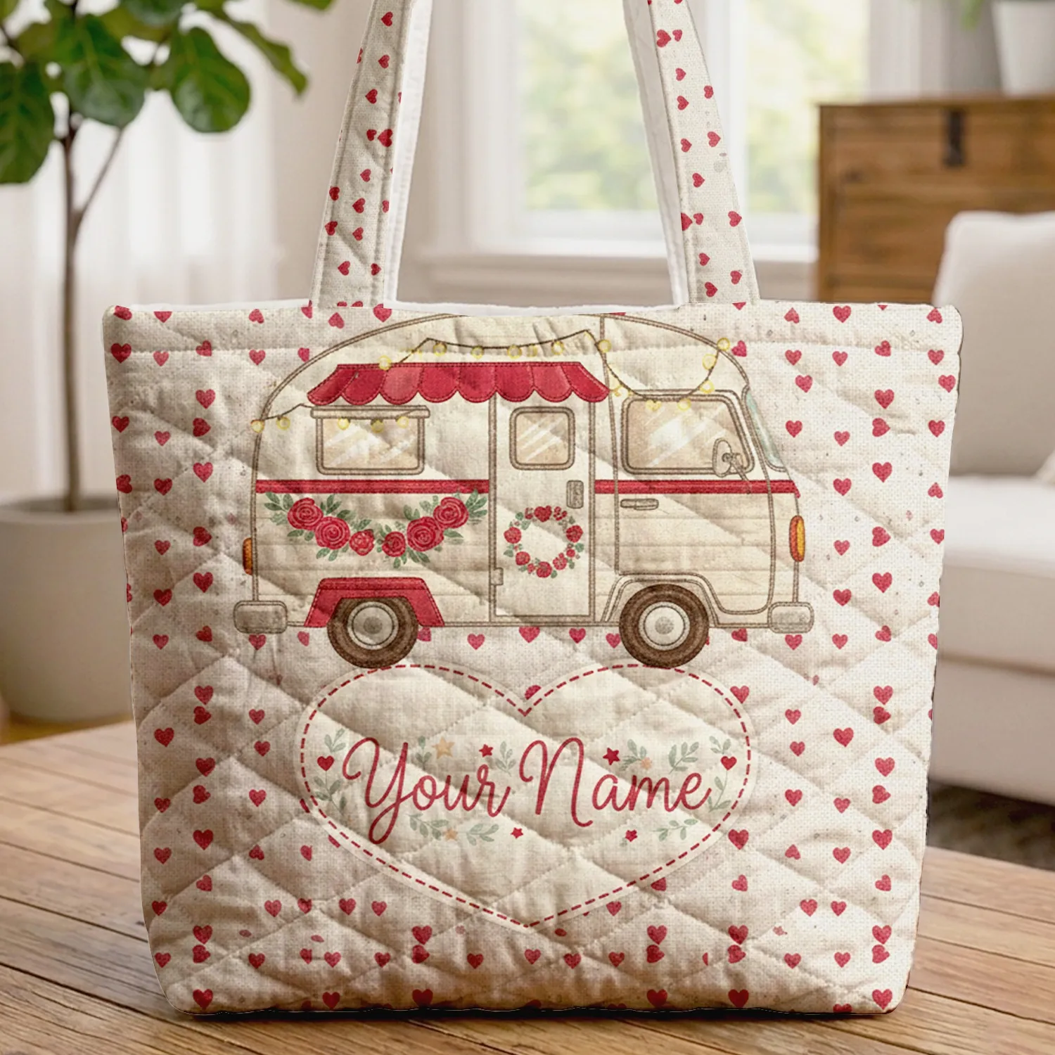 Retro Camper Van Heart Wreaths Rose Garlands Fairy Lights - Everyday Tote for Travelers Quilted Tote Bag - 1