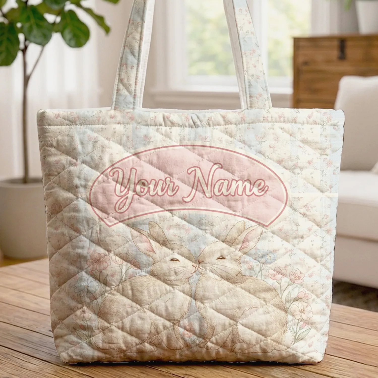 Two Bunnies Wildflower Gingham Floral Sprigs Arched Name Cottagecore Everyday Gift Quilted Tote Bag - 1