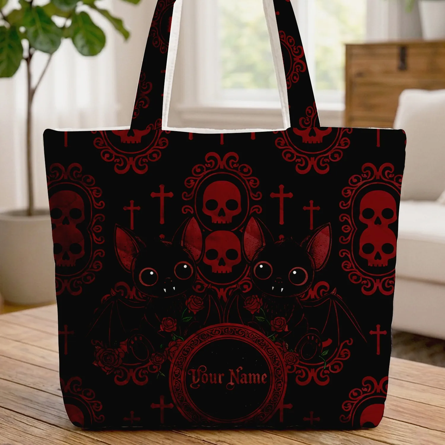 Gothic Bats Roses Fangs Skull Scroll Crosses - Gothic Lover Gift Quilted Tote Bag - 1