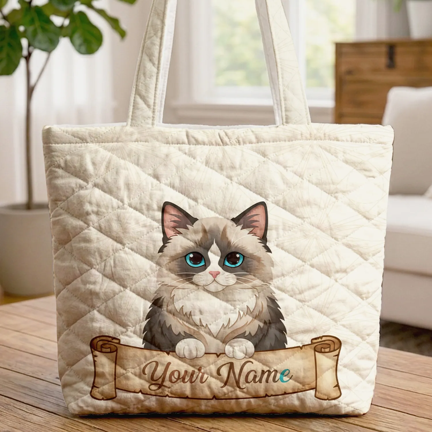 Ragdoll Cat Piercing Blue Eyes Personalized Name Calligraphy - Everyday Tote Pet Lover Gift Quilted Tote Bag - 1