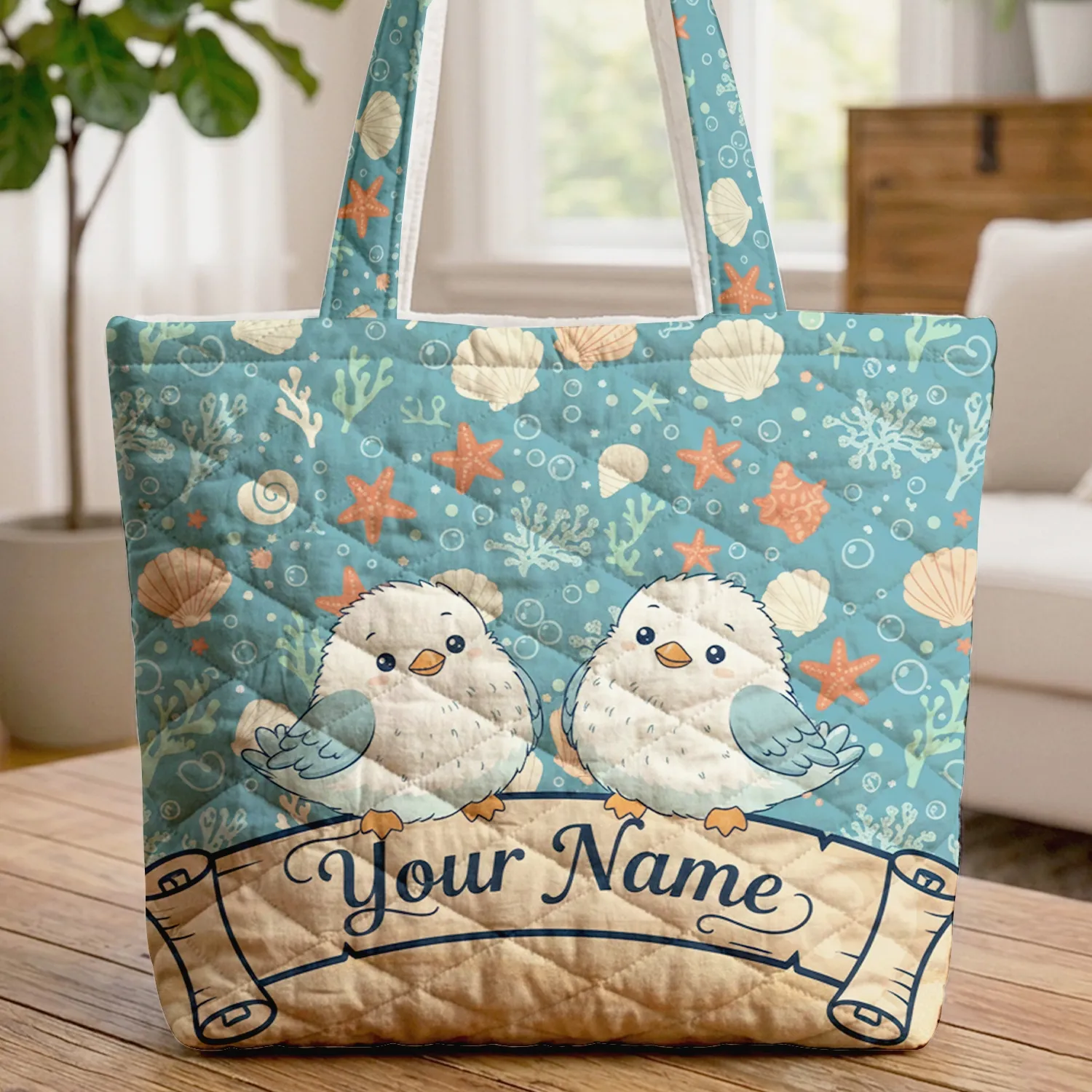 Fluffy Seabirds Sandy Dune Seashell Starfish Coral - Coastal Ocean Lover Everyday Gift Quilted Tote Bag - 1