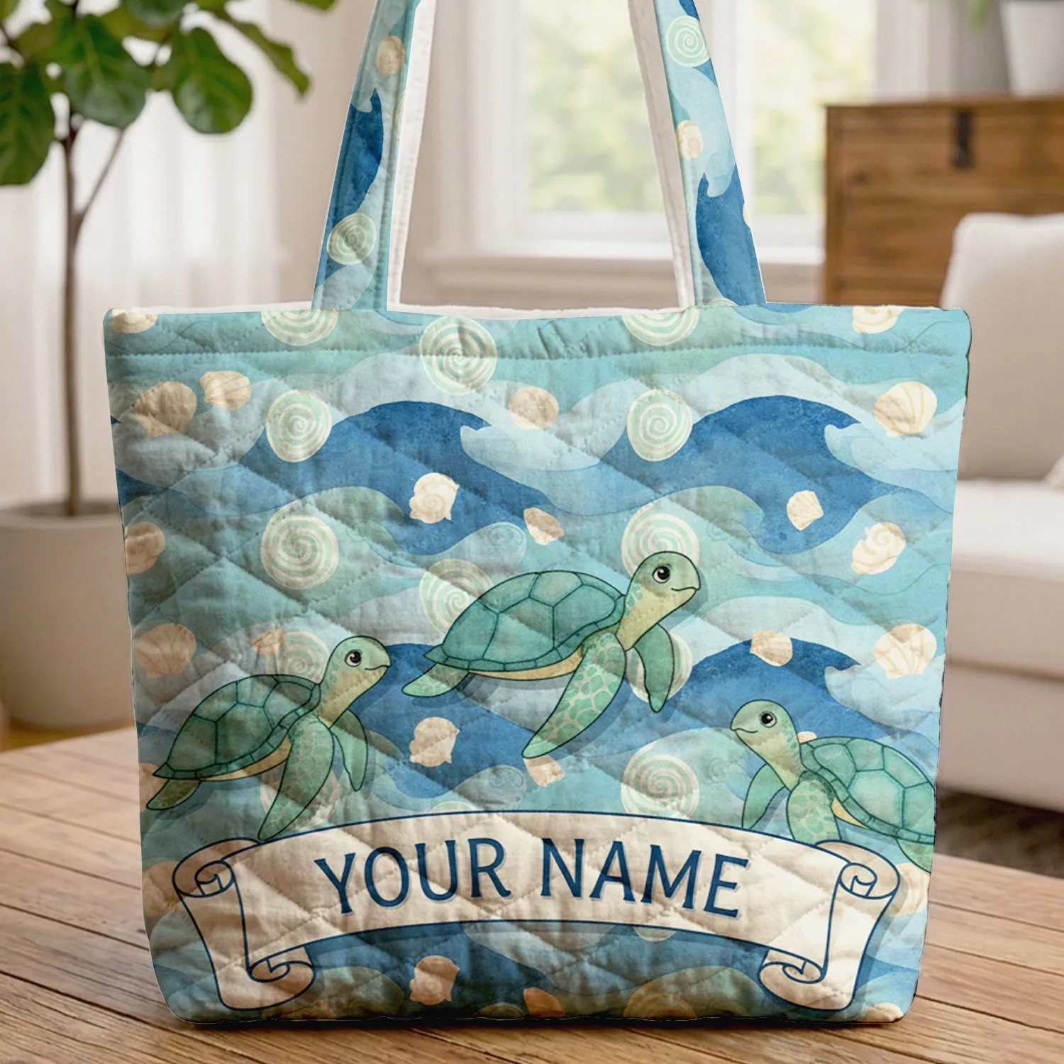 Sea Turtles Ocean Waves Seashells - Ocean Lover Gift Quilted Tote Bag - 1