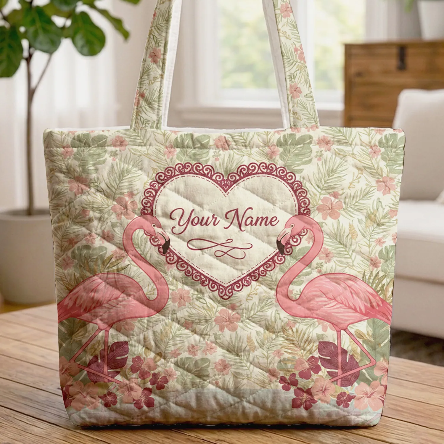 Flamingos Heart Shape Tropical Hibiscus Foliage - Nature Lover Gift Quilted Tote Bag - 1