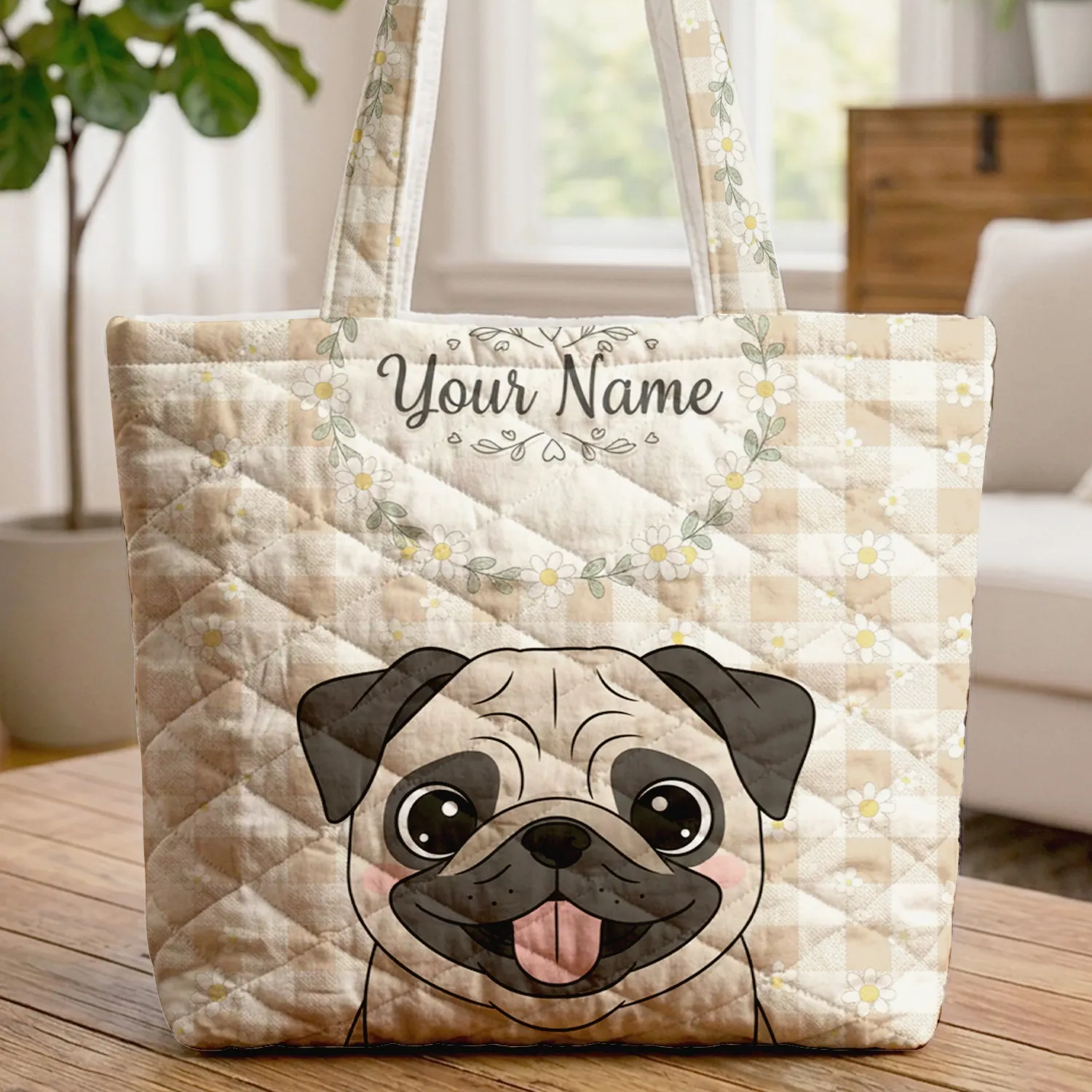 Pug Dog Daisy Gingham Check 'Your Name' Wreath Hearts Leaves - Personalized Pet Lover Everyday Gift Quilted Tote Bag - 1