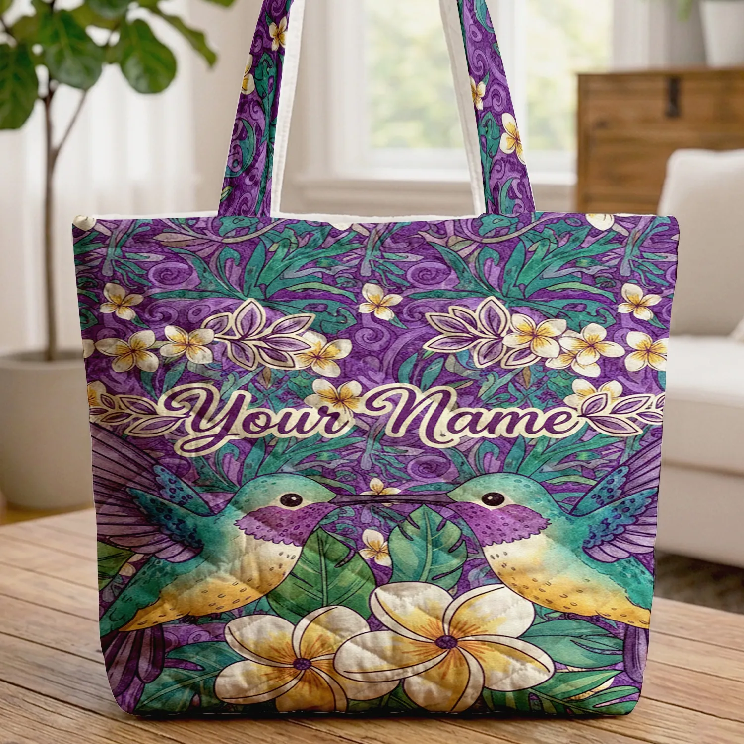 Hummingbirds Nuzzling Plumeria Tropical Leaves 'Your Name' - Wildlife Lover Gift Quilted Tote Bag - 1