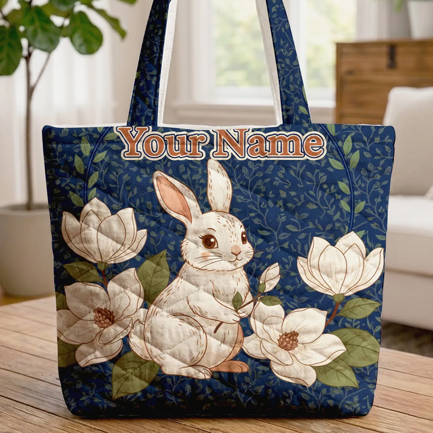 Bunny Magnolia Blossoms Bud Intertwining Vines Leaf Wreath - Nature Lover Gift Quilted Tote Bag - 1