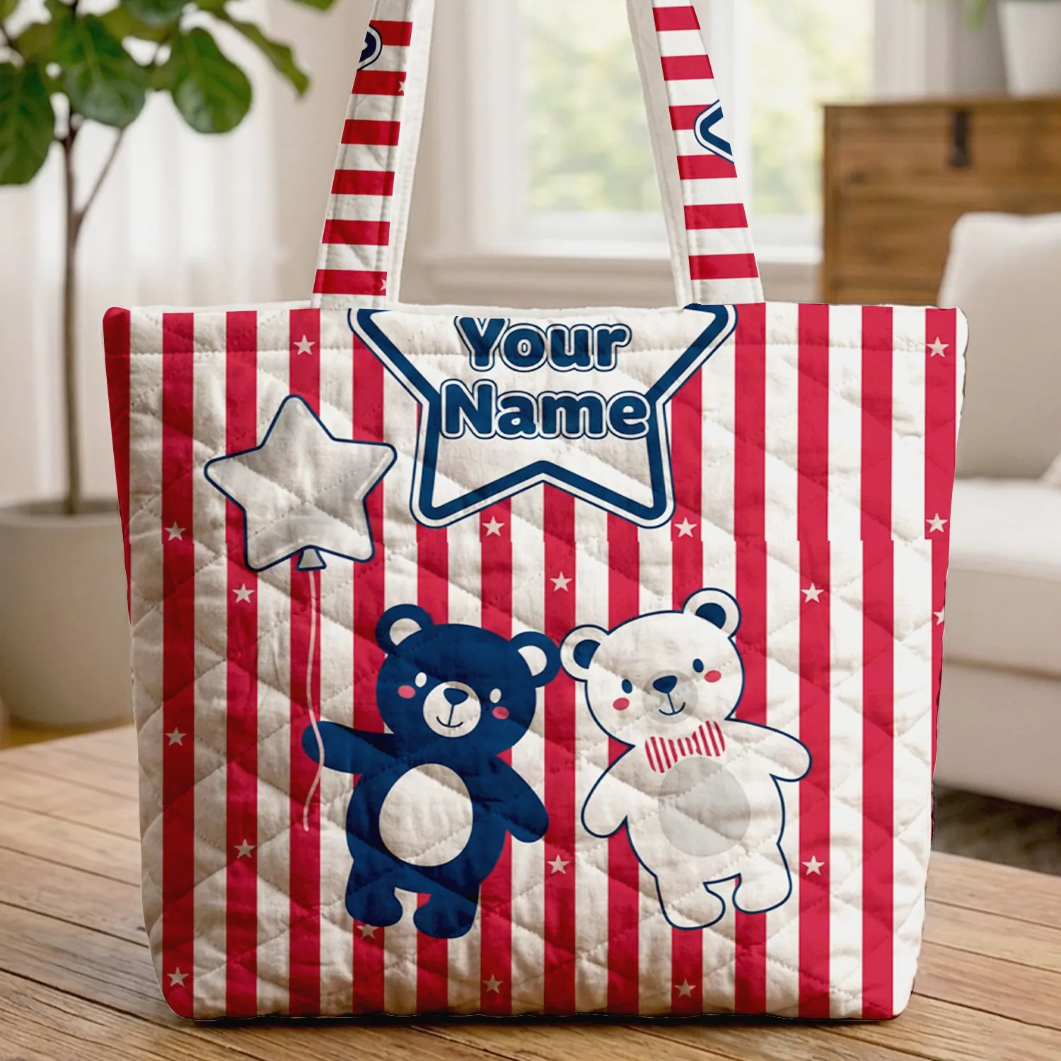 Bears Star Balloon Red White Stripes - Independence Day Patriotic Gift Quilted Tote Bag - 1