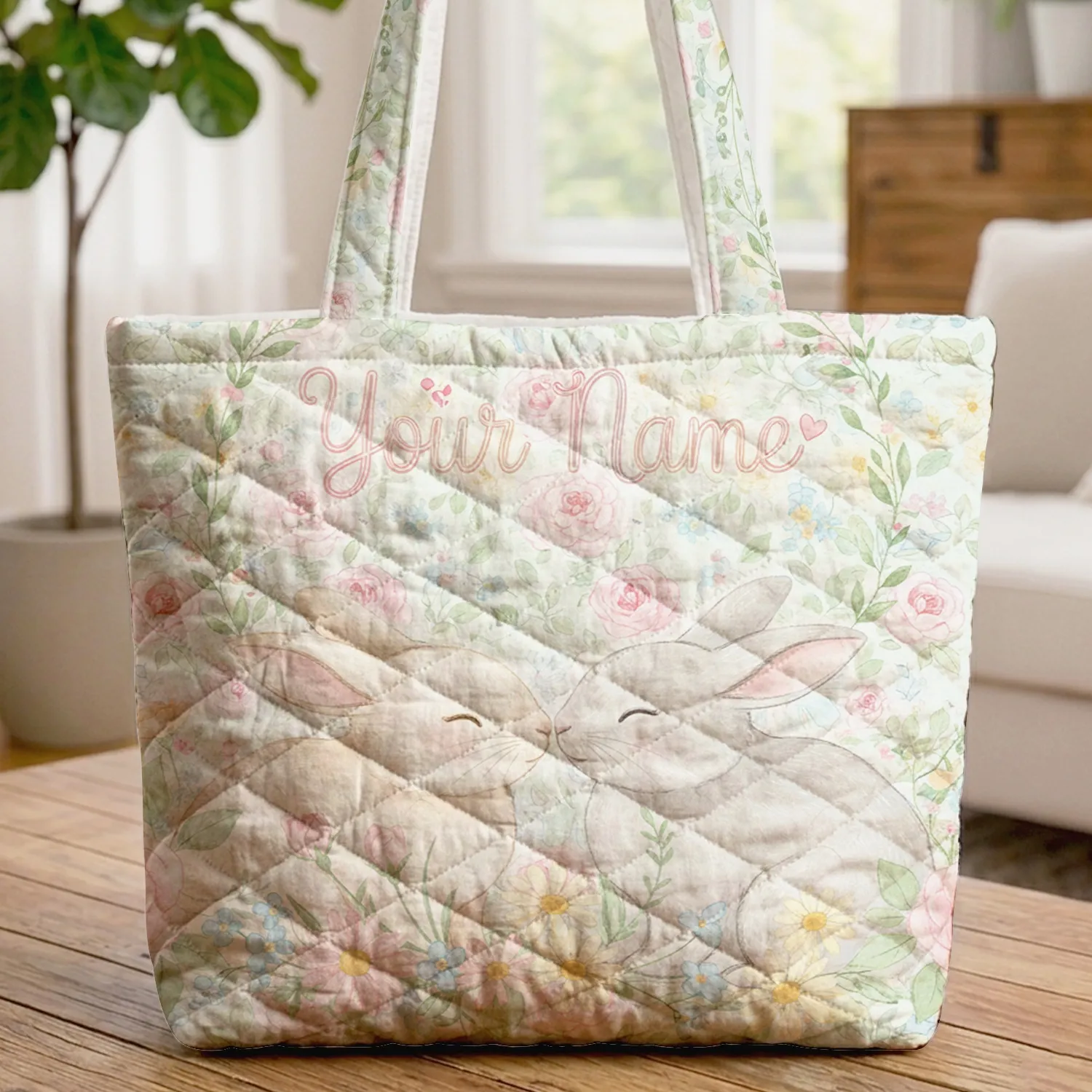 Nuzzling Bunnies Roses Irises Peonies Wildflower Garden - Wildlife Lover Gift Quilted Tote Bag - 1
