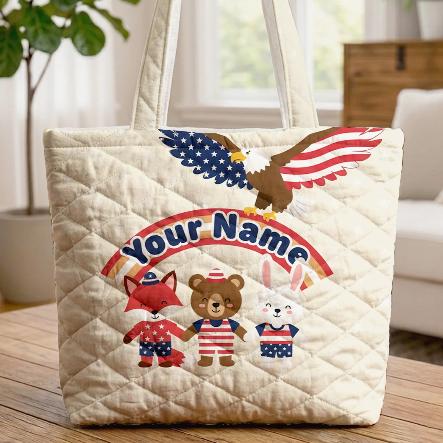 Bald Eagle American Flag Stars - Independence Day Gift for Proud Americans Quilted Tote Bag - 1