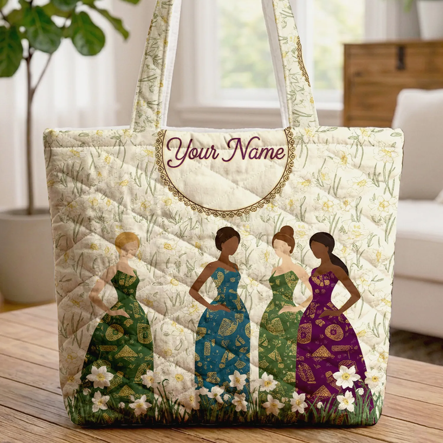 Three Stylized Women Daffodils Name Medallion - Everyday Carry Personalized Gift Quilted Tote Bag - 1
