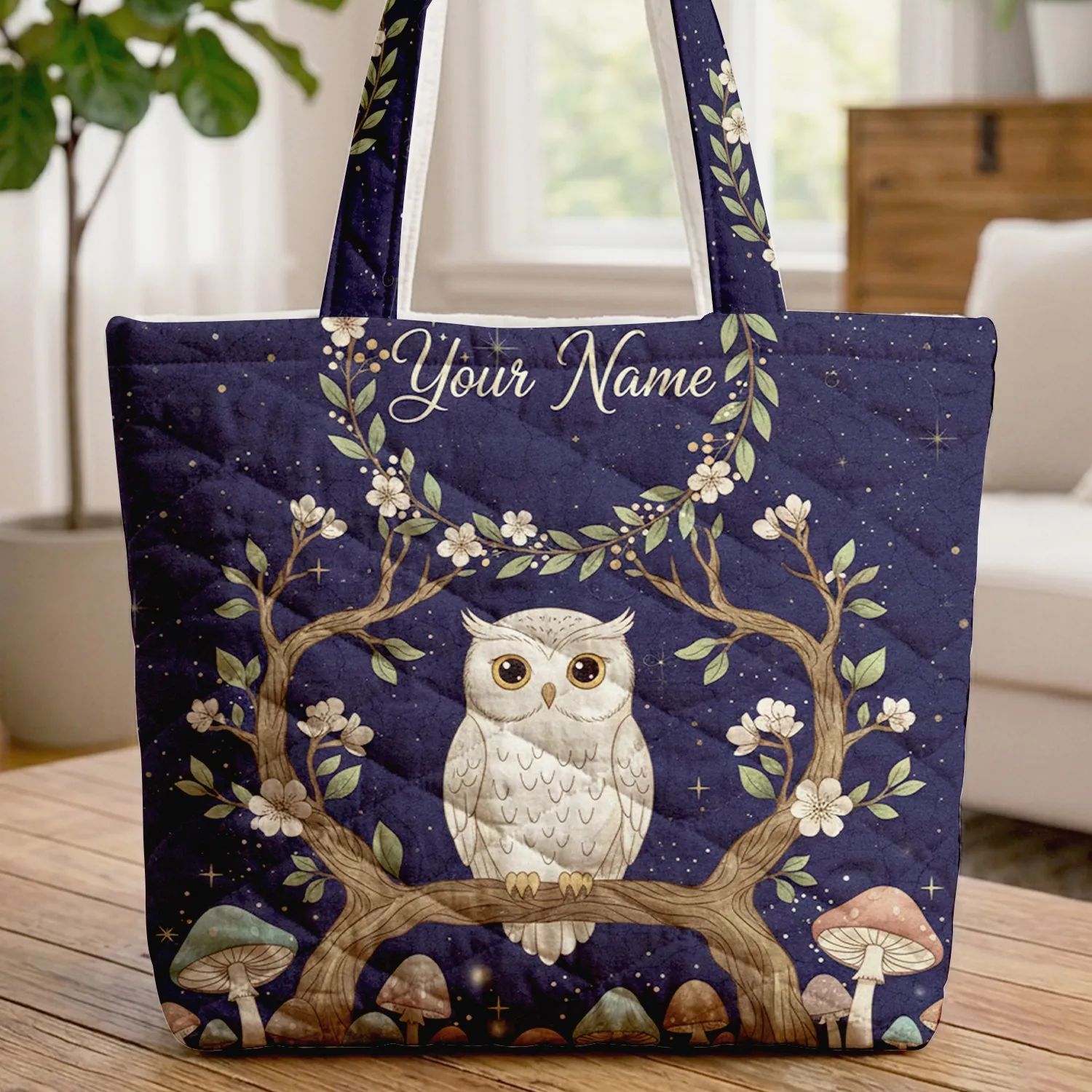 White Owl Starry Night Personalized Name - Wildlife Lover Gift Quilted Tote Bag - 1