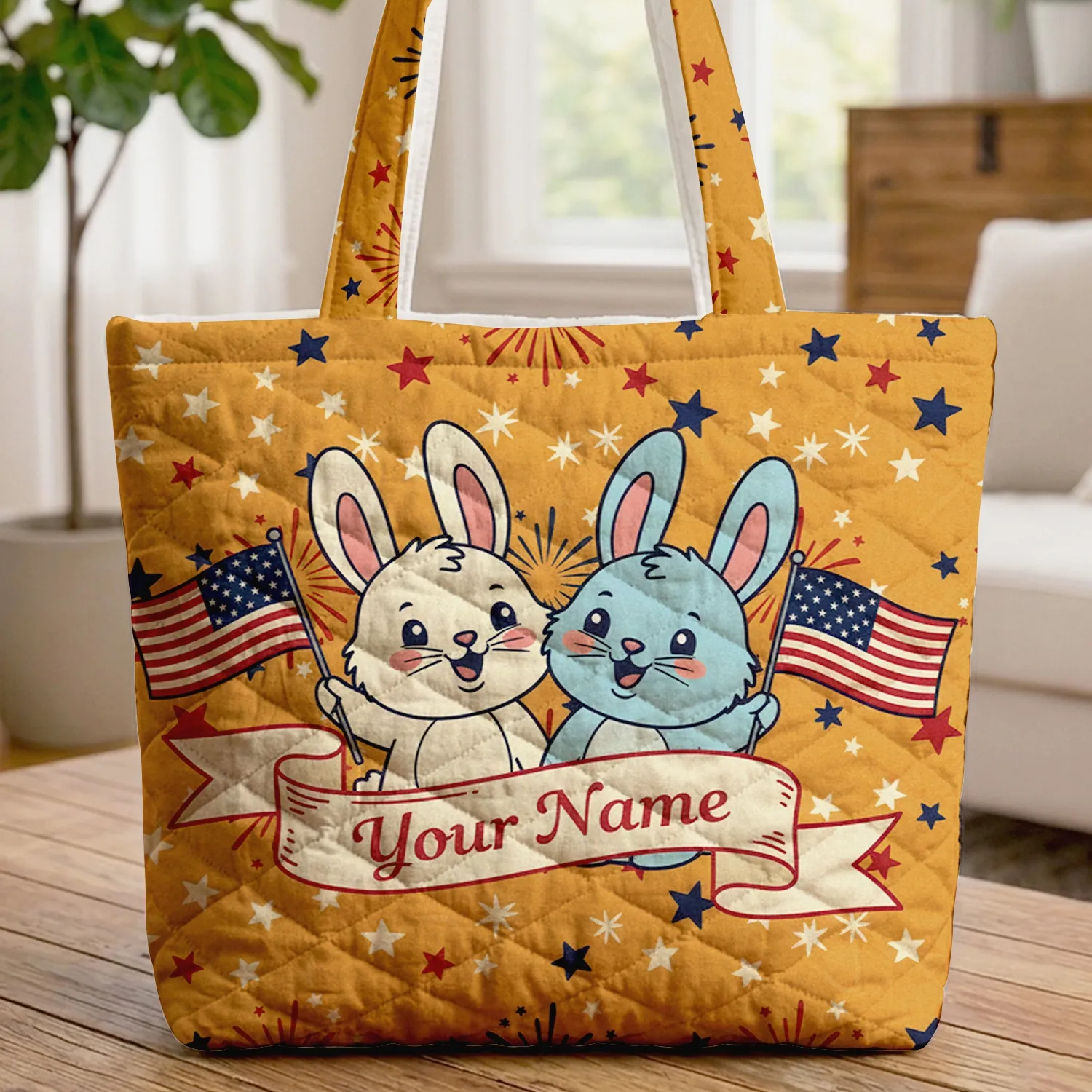 Adorable Bunnies American Flag Stars Personalized - Independence Day Gift Quilted Tote Bag - 1
