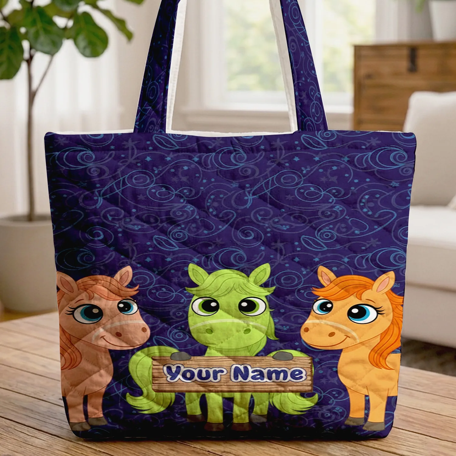 Cartoon Horses Wooden Name Sign Swirling Lines - Horse Lover Everyday Carry Gift Quilted Tote Bag - 1