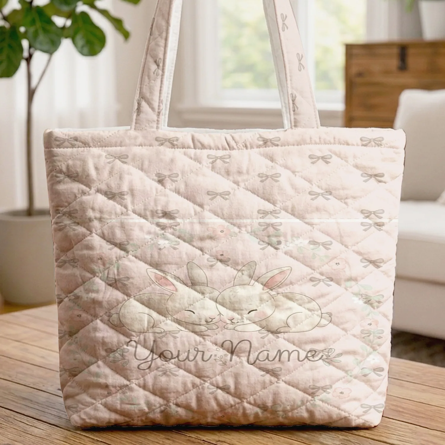 Baby Bunnies Nuzzling Small Pink Flowers Floral Wreath - Personalized Gift Quilted Tote Bag - 1