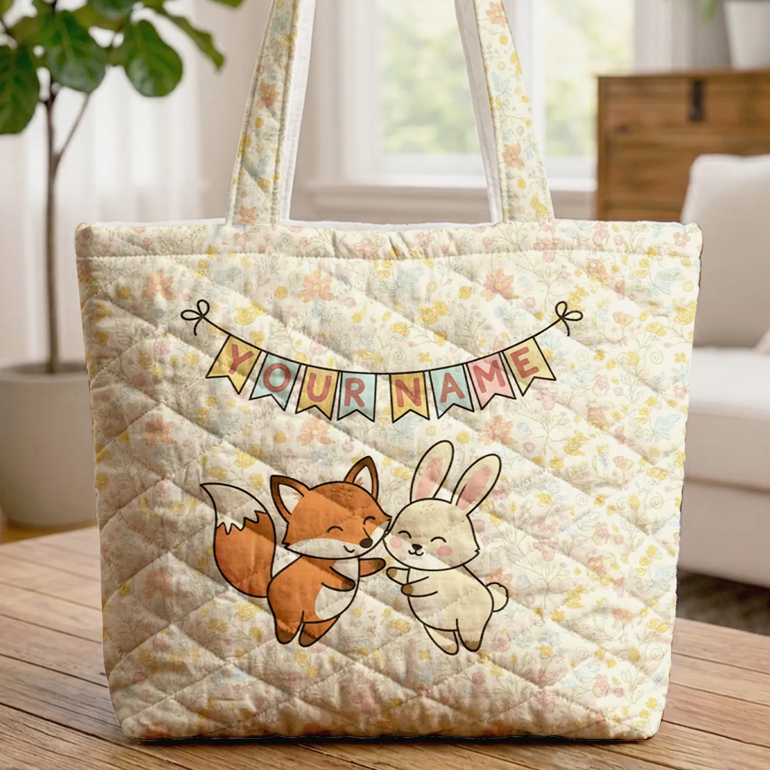 Fox Bunny Nuzzle Bunting Flag Your Name - Wildflower Berry Everyday Carry Gift Quilted Tote Bag - 1