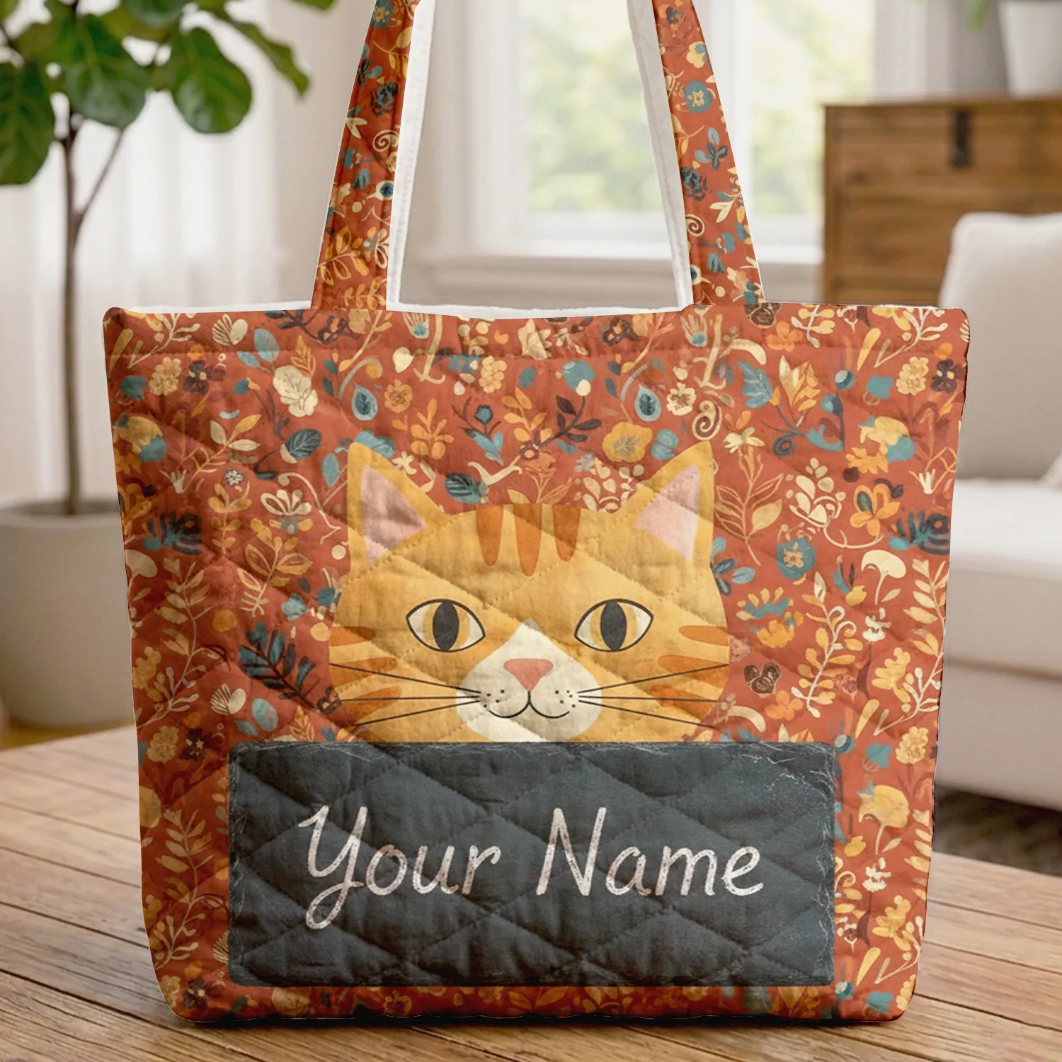 Cat Face Botanical Floral Your Name Slate - Everyday Cat Lover Gift Quilted Tote Bag - 1