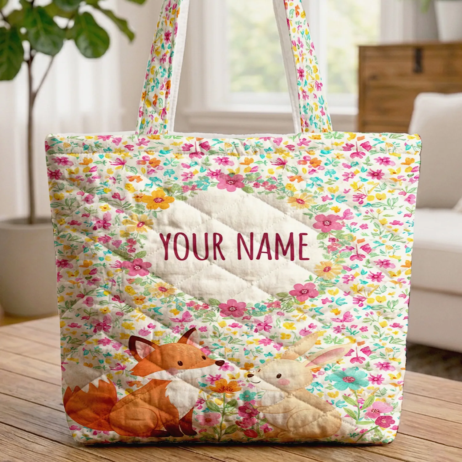 Fox Bunny Wildflower Lush Leaves Floral Wreath Your Name - Everyday Wildlife Lover Gift Quilted Tote Bag - 1