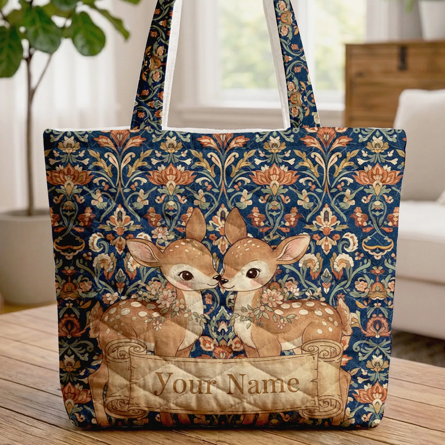Nuzzling Deer Fawns Wildflower Folk Art Tapestry - Wildlife Lover Gift Quilted Tote Bag - 1