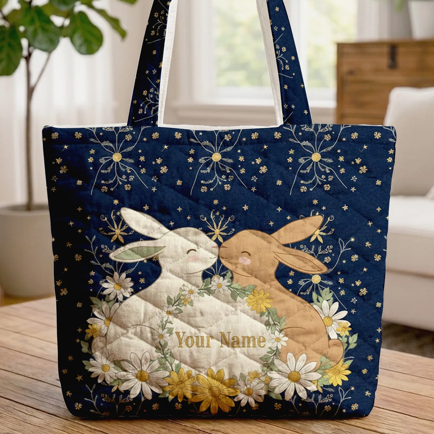 Nuzzling Bunnies Daisies Floral Wreath Stars - Everyday Use Home Decor Gift for Her Quilted Tote Bag - 1