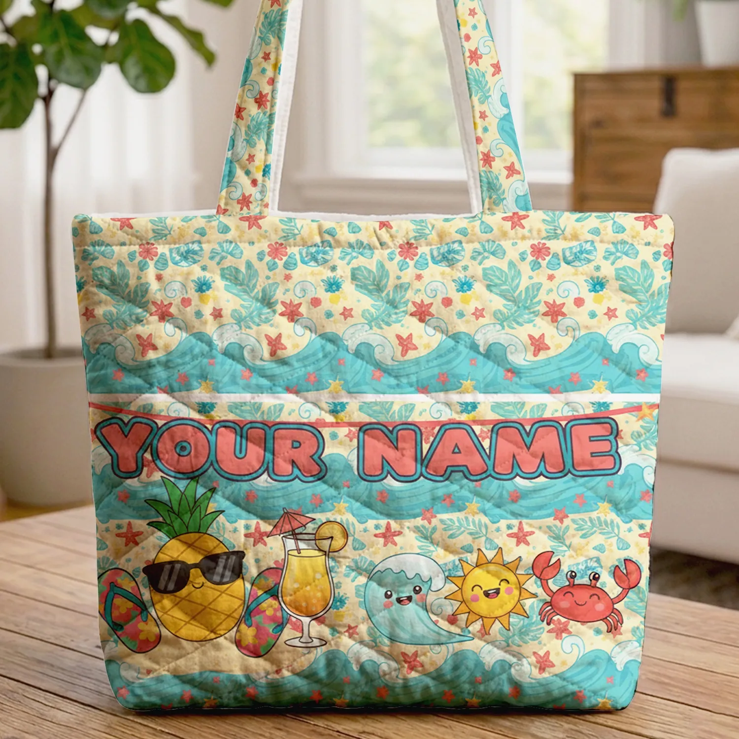 Personalized Beach Pineapple Tropical Drink Flip Flops - Summer Vacation Gift Quilted Tote Bag - 1