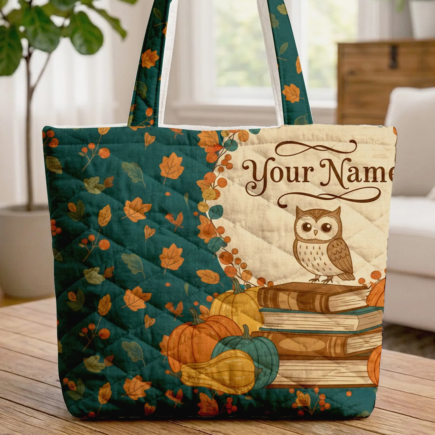 Autumn Leaves Berries Owl Books Pumpkins Gourds Wreath - Harvest Season Gift Quilted Tote Bag - 1