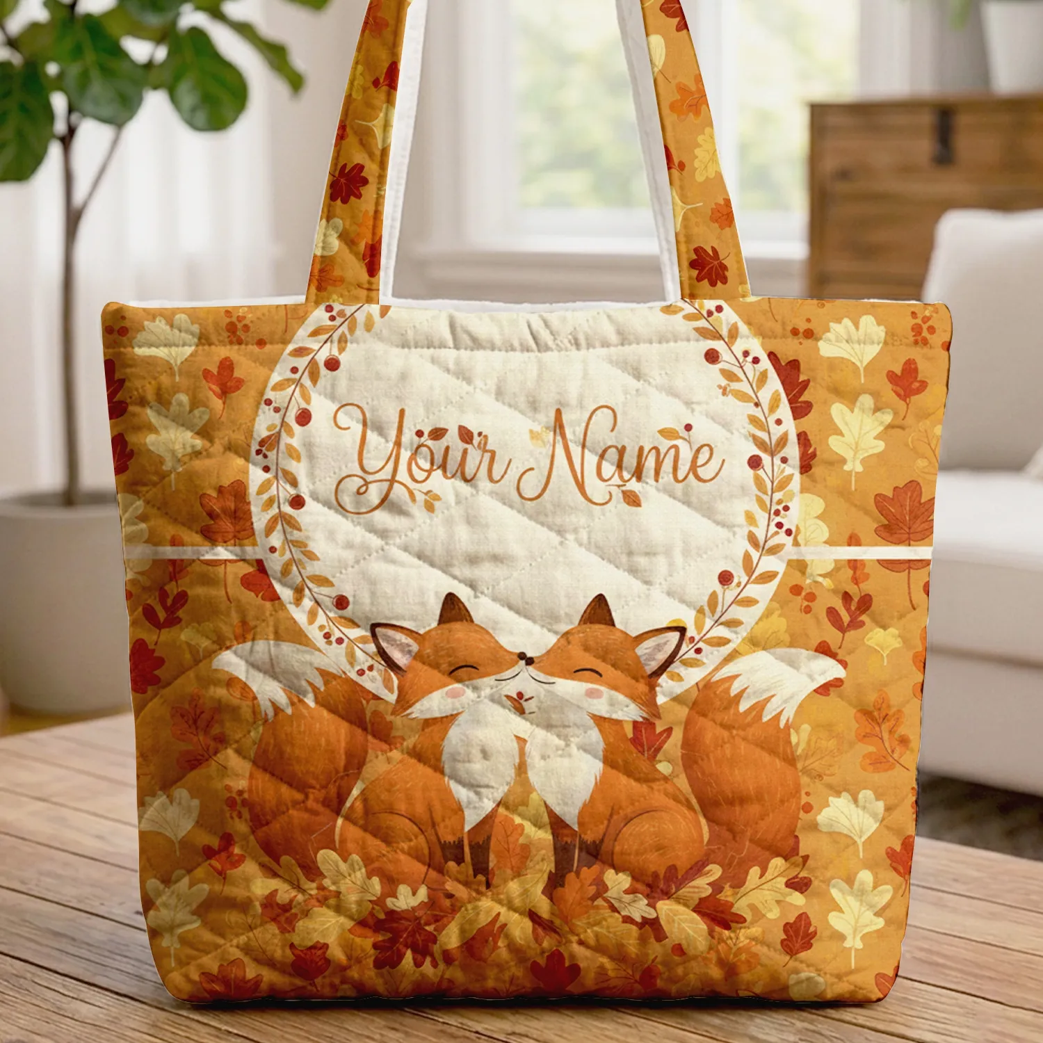 Personalized Two Foxes Nuzzling Autumn Leaves & Berries - Fall Season Wildlife Lover Gift Quilted Tote Bag - 1