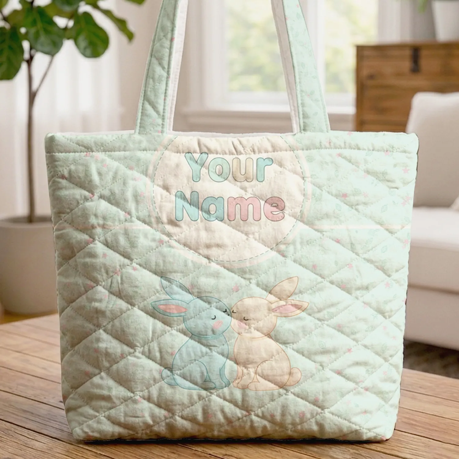 Two Nuzzling Bunnies Scattered Leaves Stars - Lifestyle Tote Gift for Babies Toddlers Quilted Tote Bag - 1