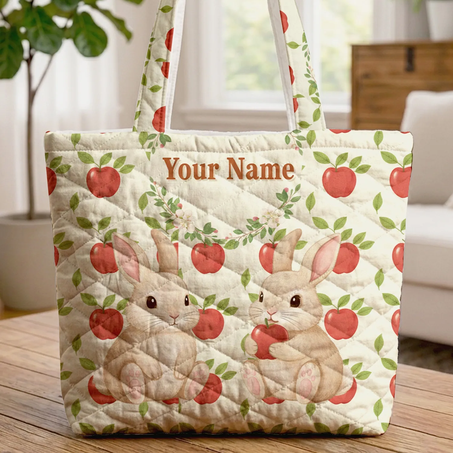 Fluffy Bunnies Apple Blossom Wreath Your Name - Bunny Lover Gift Quilted Tote Bag - 1