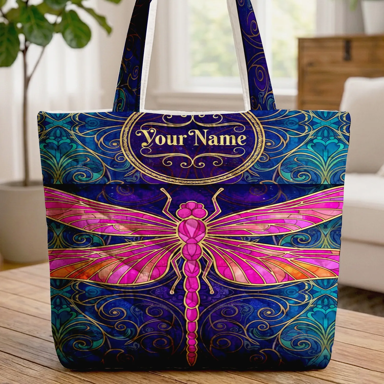 Stained Glass Dragonfly Golden Swirls Tendrils - Gift for Nature Lover Women Quilted Tote Bag - 1