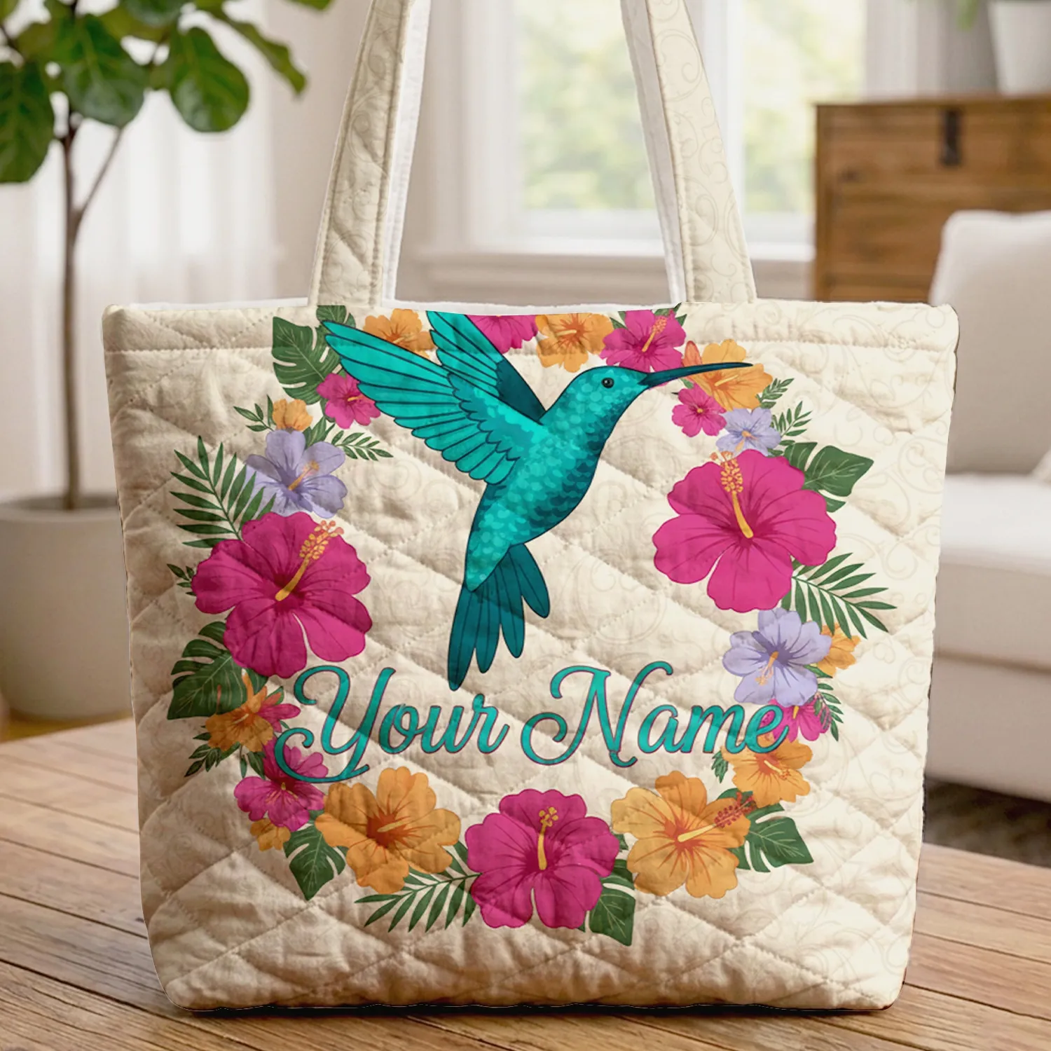 Hummingbird in Flight Tropical Hibiscus Flowers Botanical Vines - Wildlife Lover Gift Quilted Tote Bag - 1