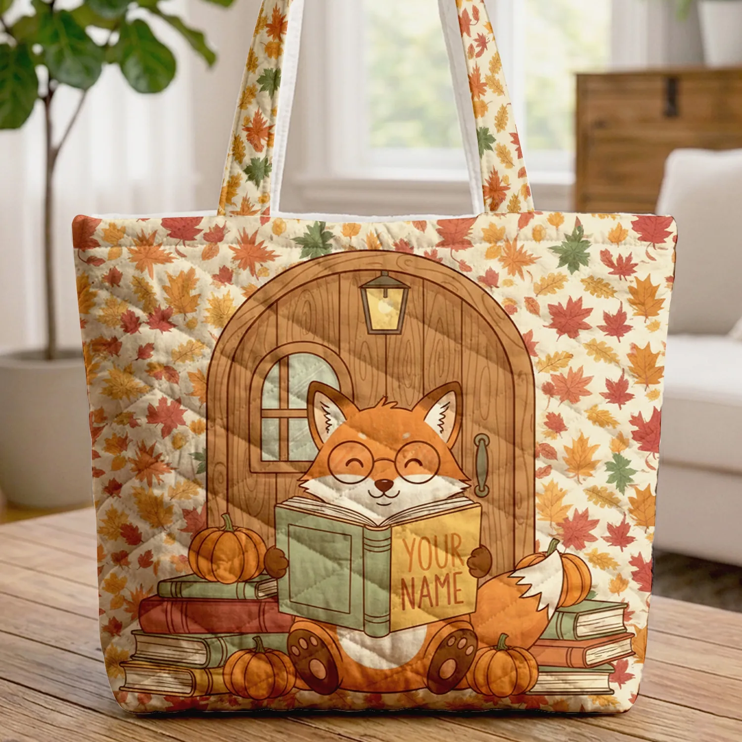 Spectacled Fox Bookstore Books Pumpkins - Autumn Reading Nook Gift for Book Lover Quilted Tote Bag - 1