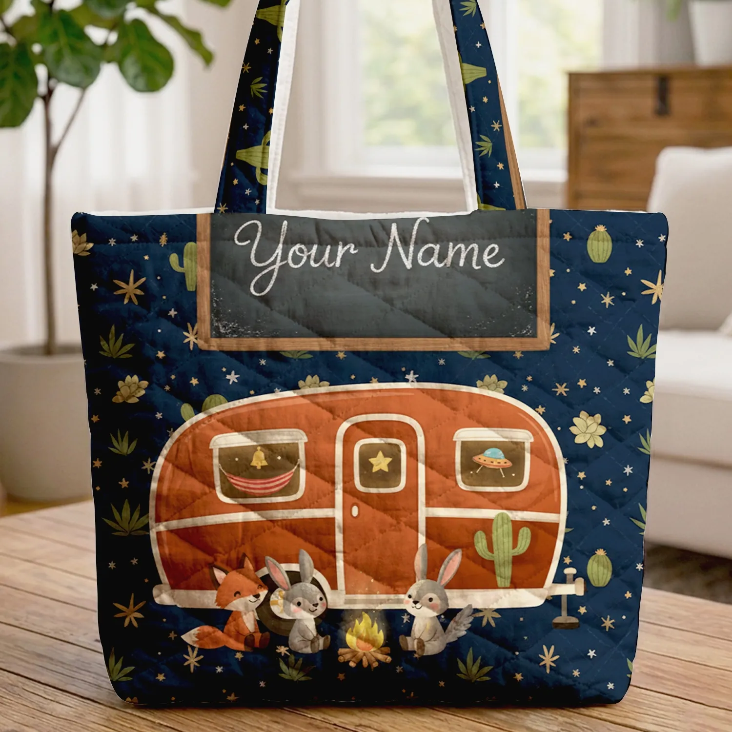 Retro Travel Trailer Saguaro Cactus Stars Personalized - Travel Essentials for Travelers Quilted Tote Bag - 1