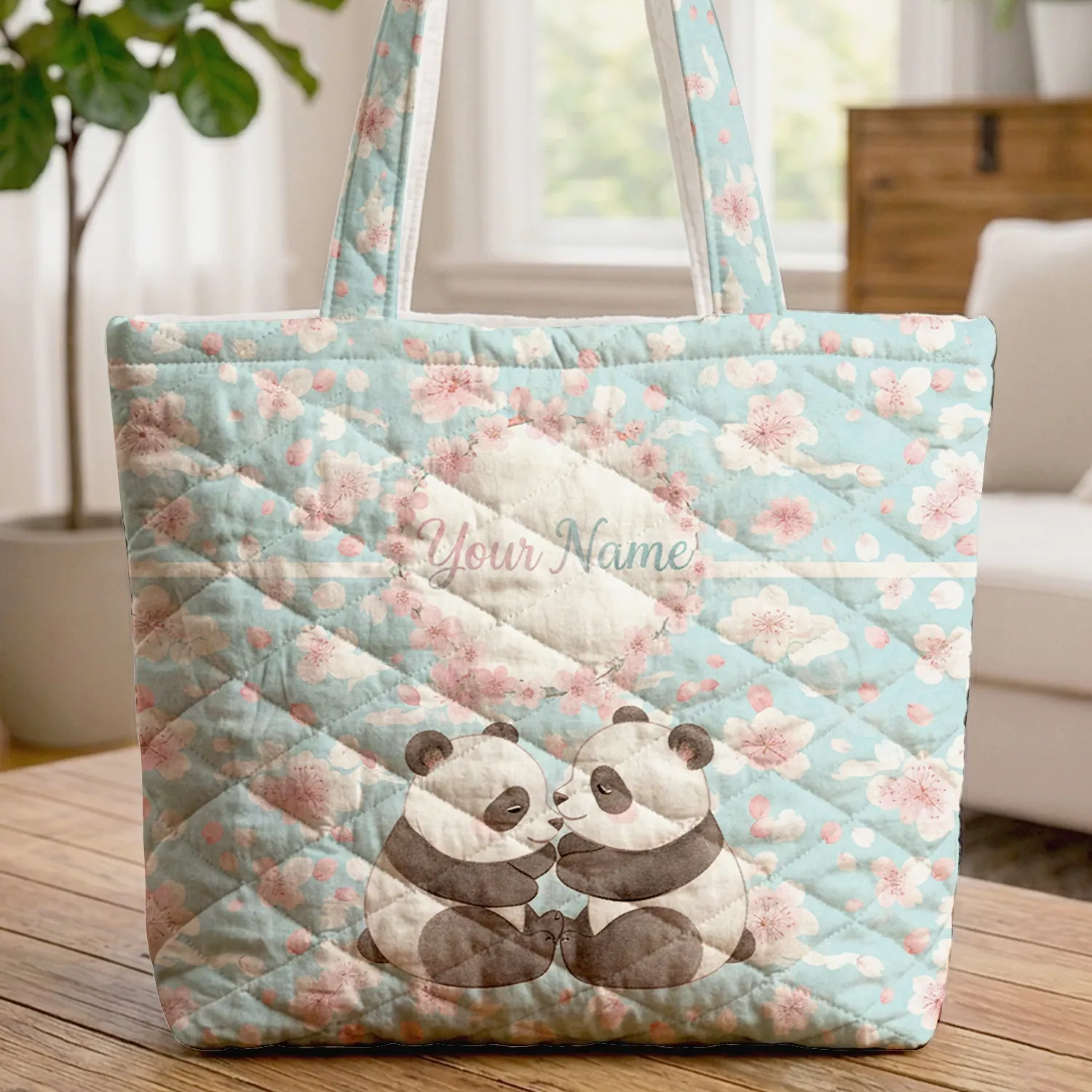 Two Nuzzling Pandas Cherry Blossom Name Wreath - Wildlife Lover Gift Quilted Tote Bag - 1