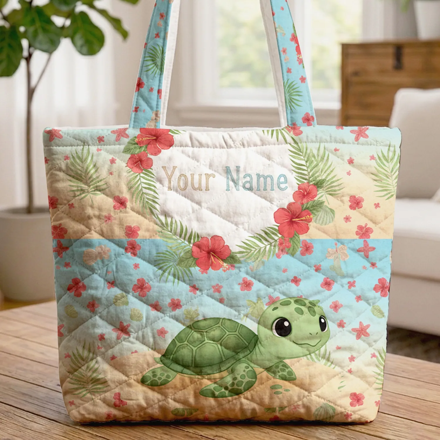 Sea Turtle Hibiscus Wreath Personalized Name - Tropical Beach Ocean Summer Gift Quilted Tote Bag - 1