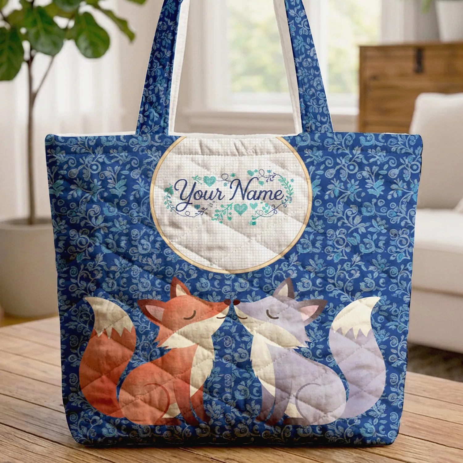 Two Nuzzling Foxes 'Your Name' Botanical Floral - Wildlife Lover Everyday Tote Quilted Tote Bag - 1