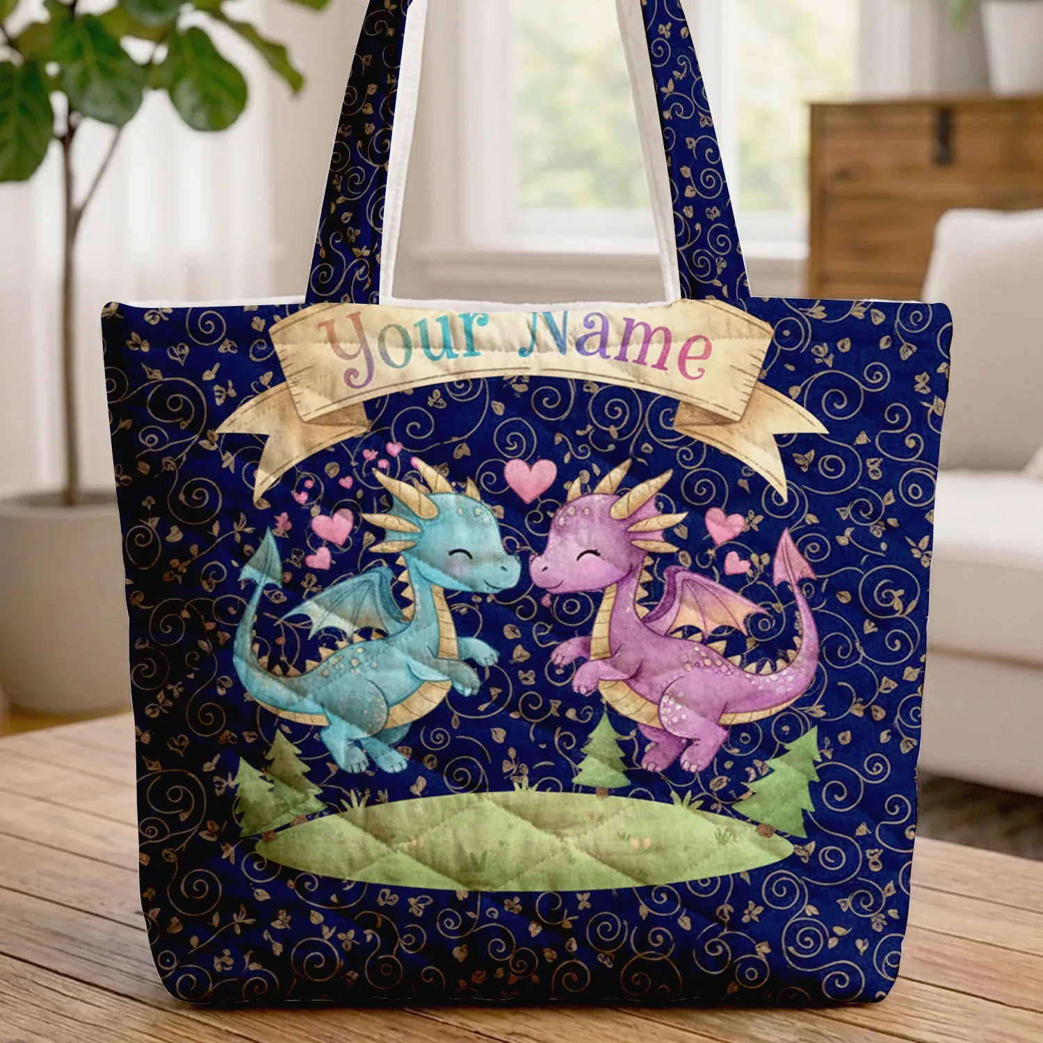 Fantasy Dragons Heart Golden Vines - Everyday Gift for Dragon Lover Quilted Tote Bag - 1