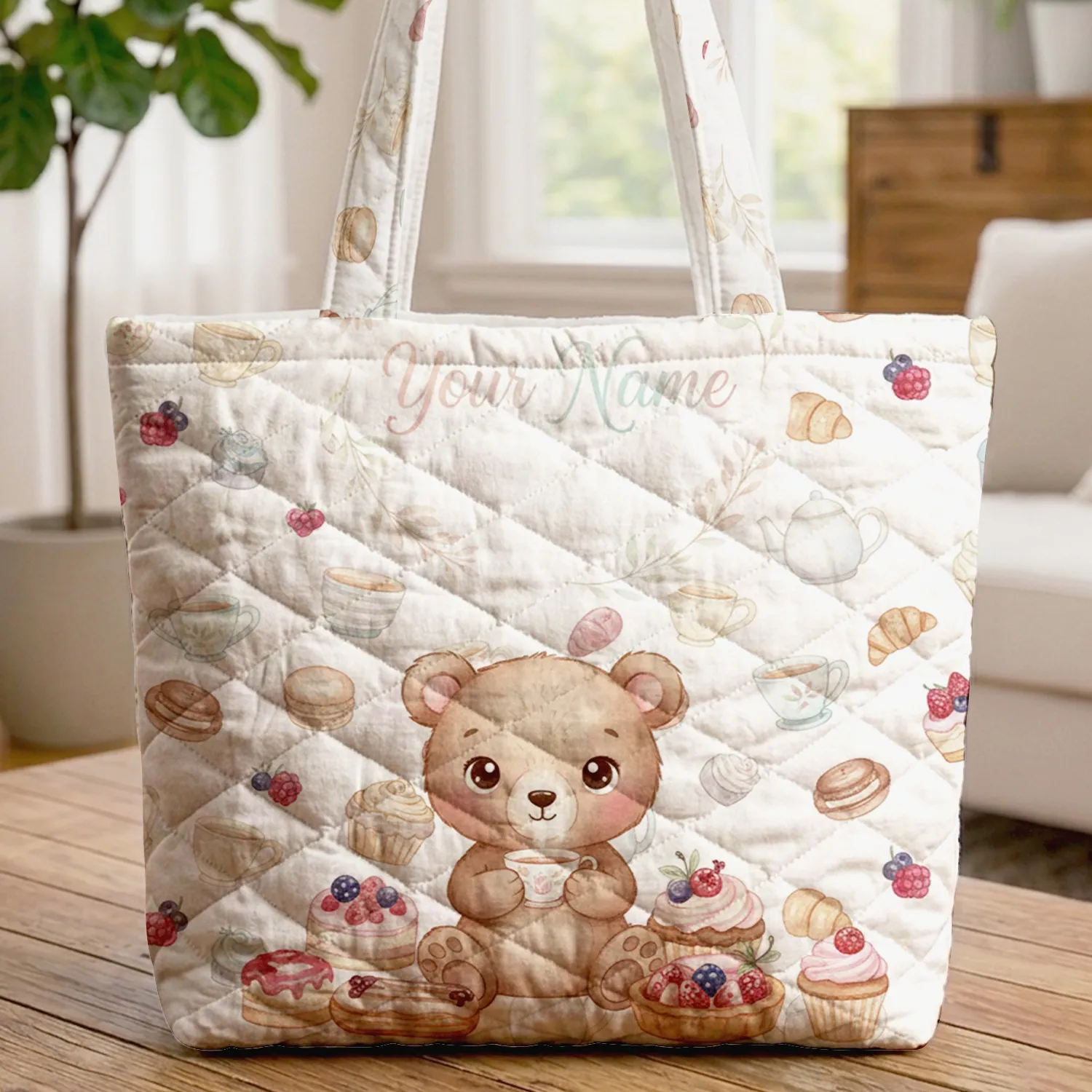 Brown Bear Cub Teacup Desserts Pastries Floral Wreath - Tea Lover Everyday Tote Quilted Tote Bag - 1