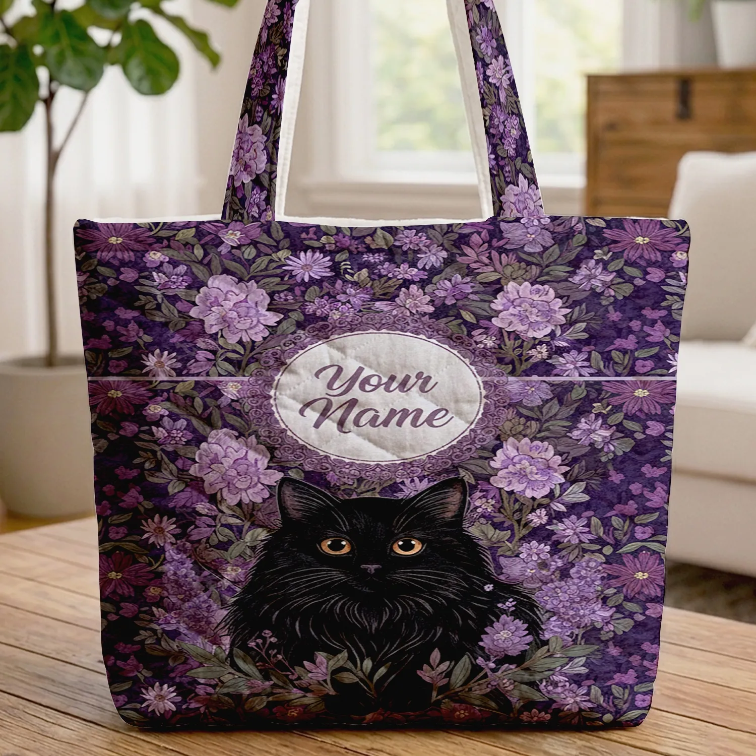 Fluffy Black Cat Purple Flowers Butterflies Your Name Medallion - Cat Lover Gift Quilted Tote Bag - 1