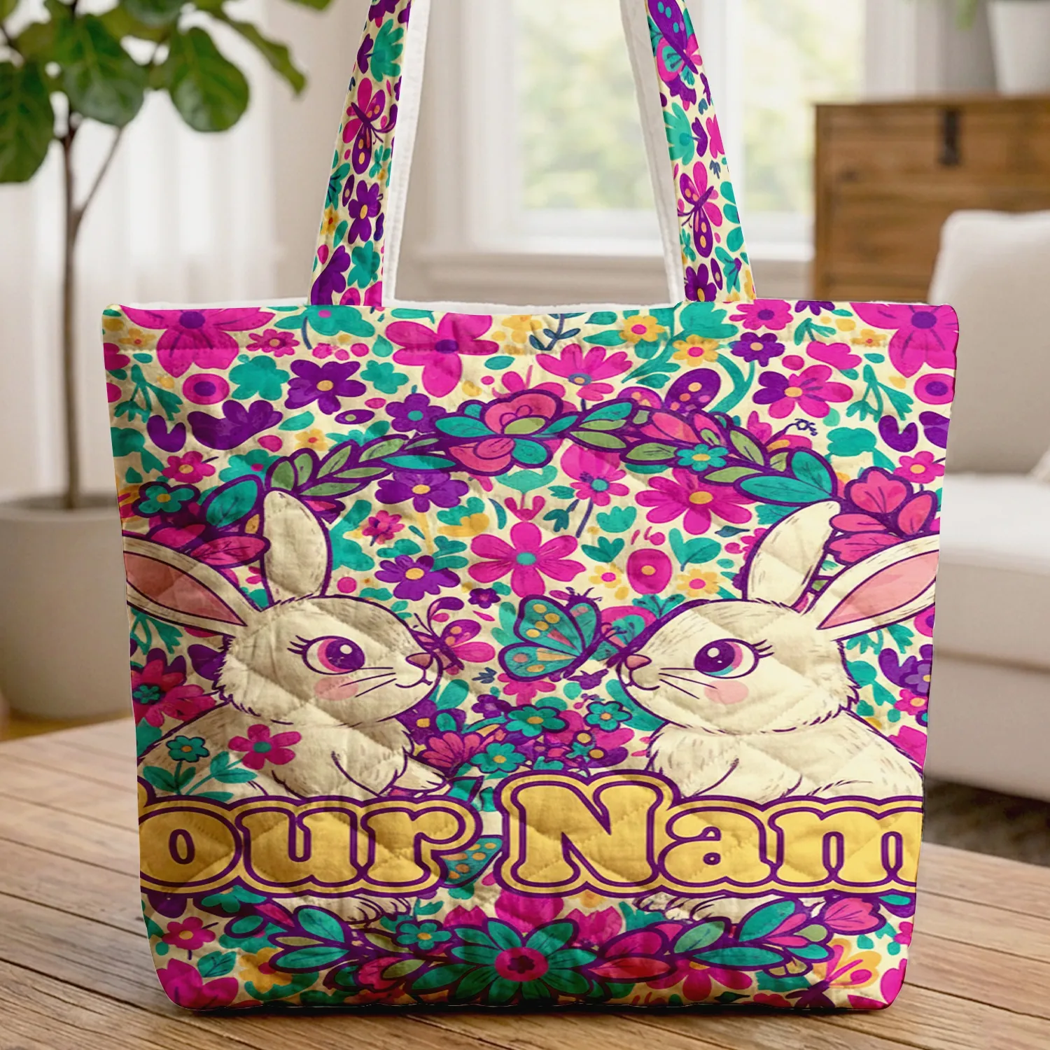 Bunnies Wildflowers Butterflies Floral Garland - Wildlife Lover Gift for Kids Quilted Tote Bag - 1