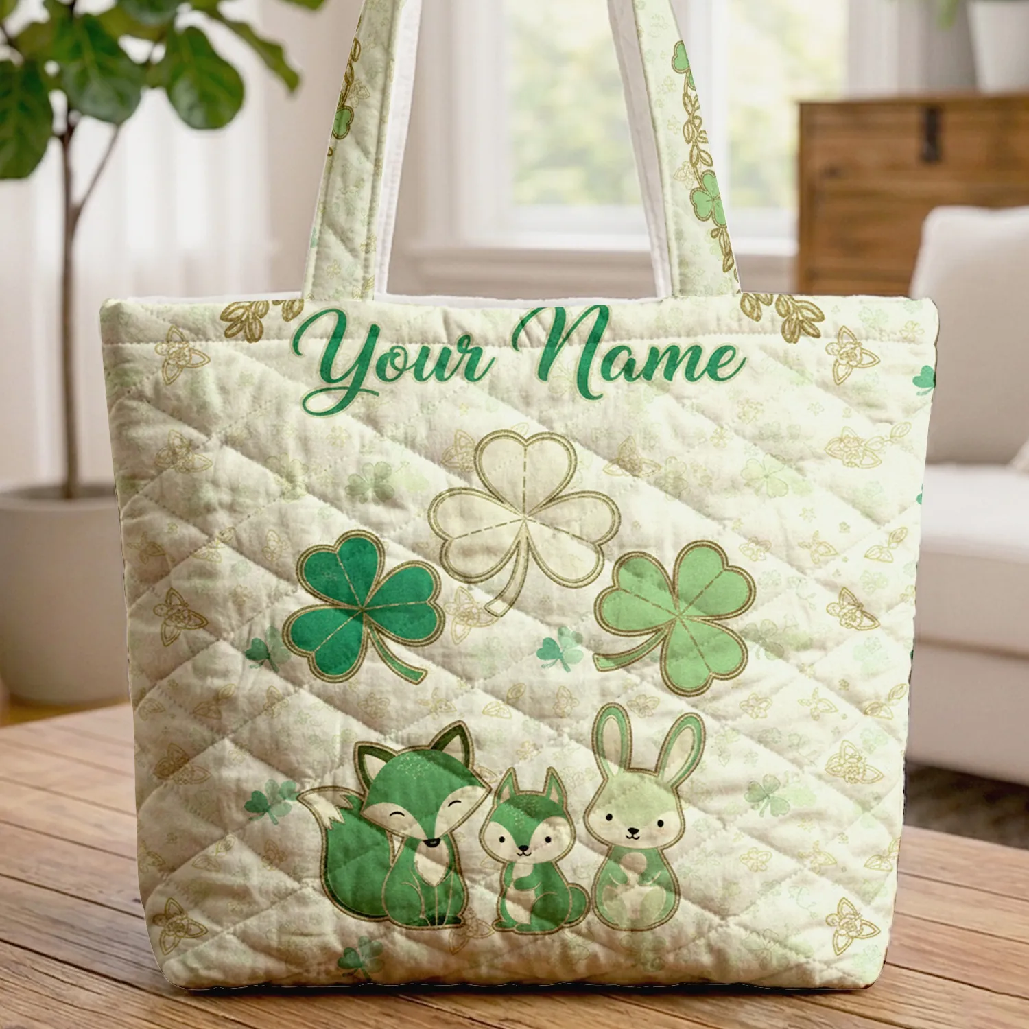 Three Shamrocks Golden Celtic Knots Garland Personalized Name - Everyday Tote Quilted Tote Bag - 1