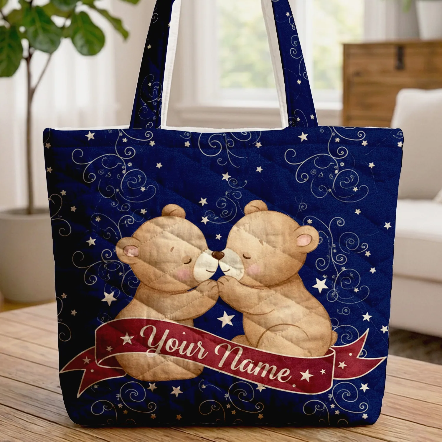 Bear Cubs Nuzzling White Stars Red Ribbon - Patriotic Wildlife Lover Everyday Tote Quilted Tote Bag - 1