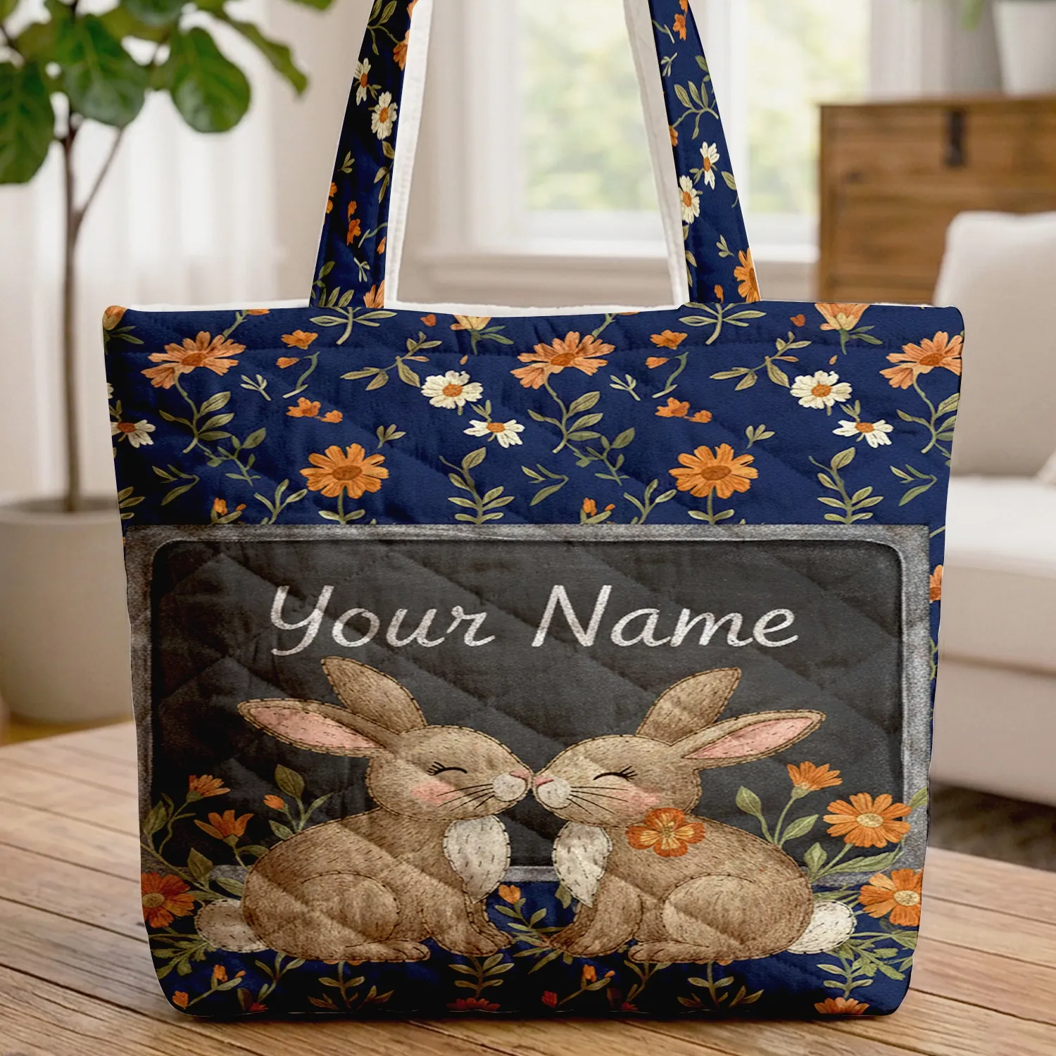 Bunnies Nuzzling Daisies Marigolds Chalkboard Panel - Everyday Nature Lover Gift Quilted Tote Bag - 1