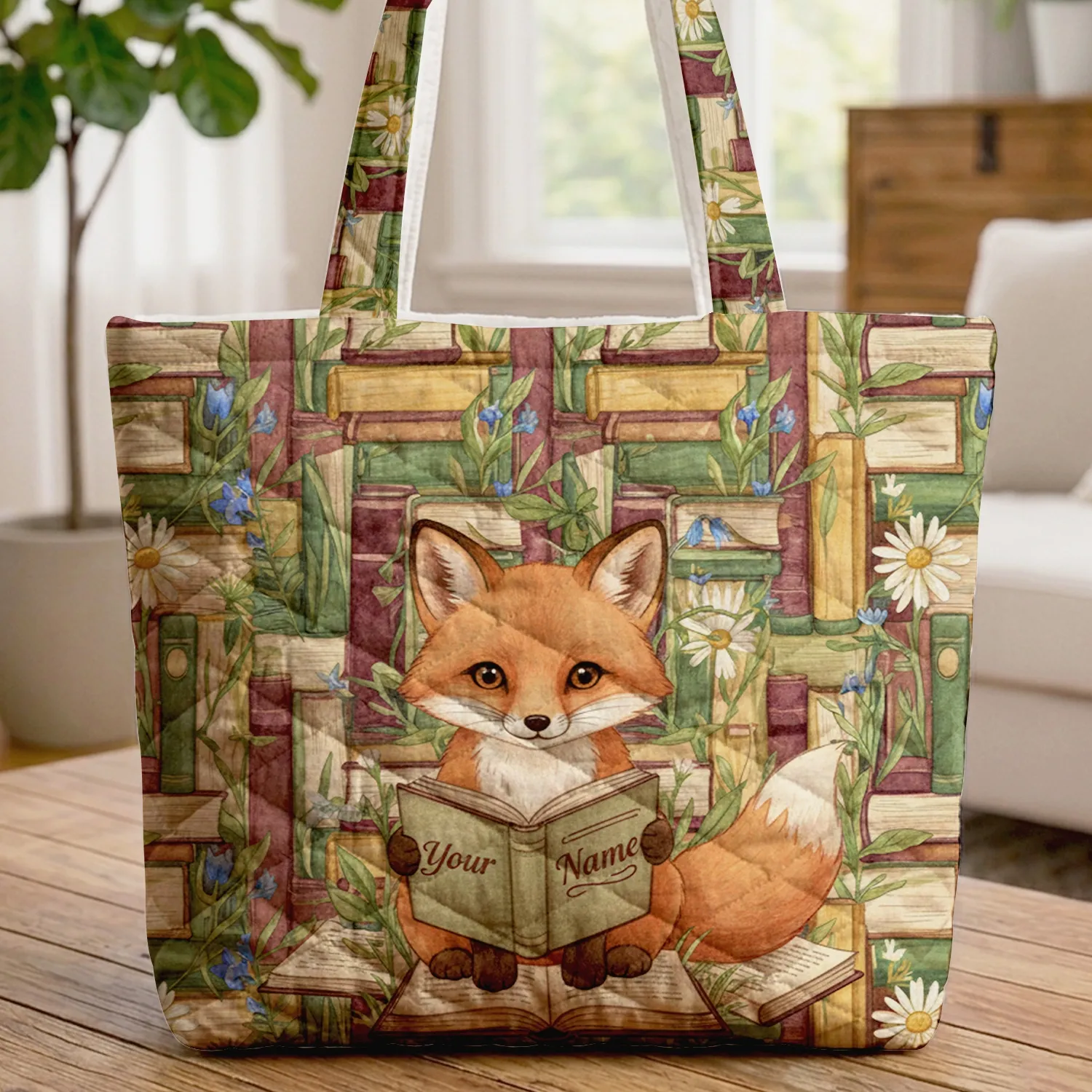 Red Fox Cub Wildflowers Book Pages Vintage Book Spines Daisy Vines - Book Lover Nature Gift Quilted Tote Bag - 1